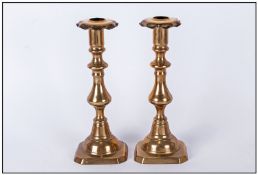 Pair Of Brass Knopped Candlesticks, 8.5" in height.