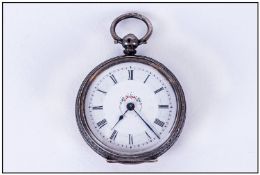 Swiss Silver Fancy Ladies Open Faced Pocket Watch, with ornate porcelain dial. Marked 935. Working