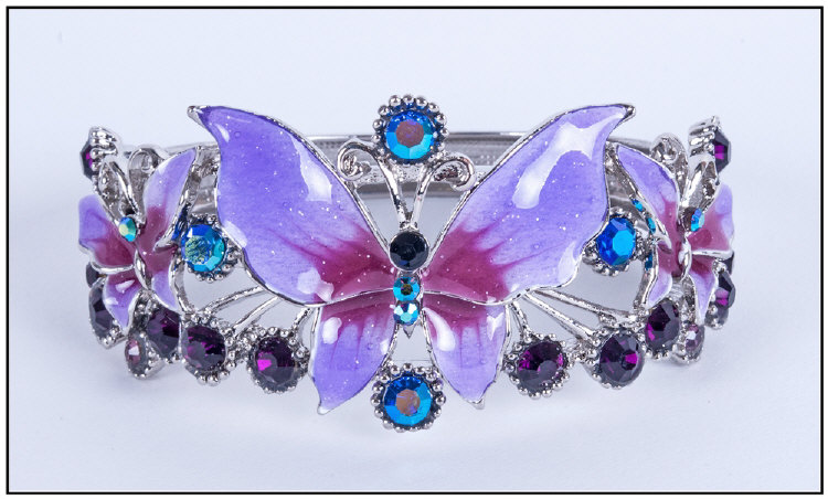Purple Enamel and Crystal Butterfly Cuff Bangle, the central, largest butterfly with a smaller one