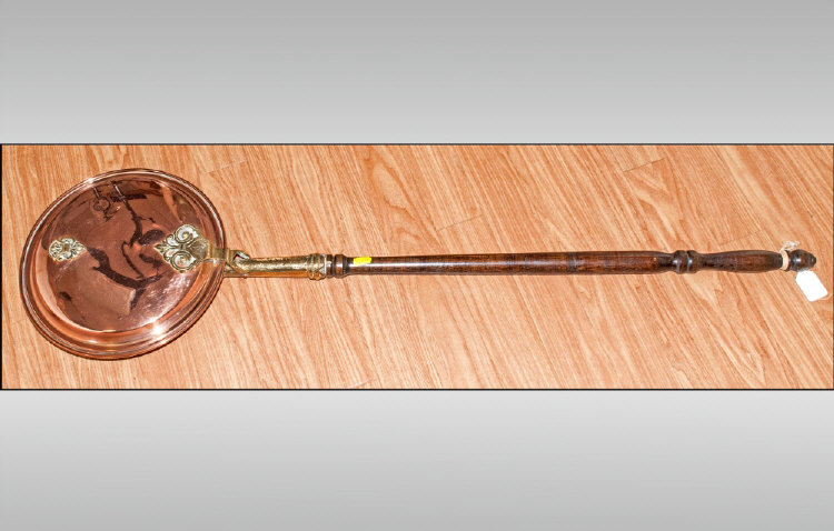 Wooden Handled, Copper Bed Pan. 44" in Length.