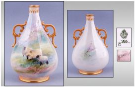 Royal Worcester Harry Davies Handpainted & Signed Small Two Handled Vase 'Sheep Grazing in a Lilac