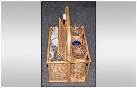 Whicker Basket Wine Carrier together with glass decanters, vases, Bristol blue glass etc