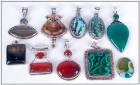 Collection Of 9 Silver Mounted Pendants, All Of Large Size, Various Shaped Hard Stones To include,