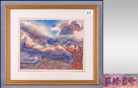 Watercolour Of Reclining Female Nude curiously set to also depict a landscape with mountains and sky