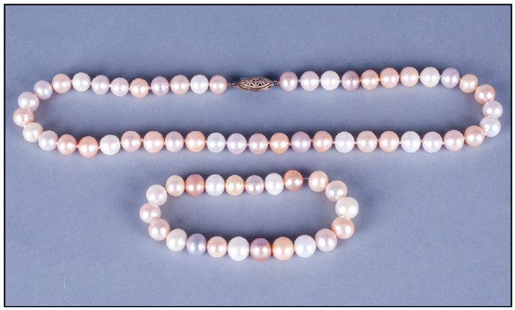 Cultured Fresh Water Pink, White and Lilac Pearl Necklace and Bracelet, the necklace knotted and