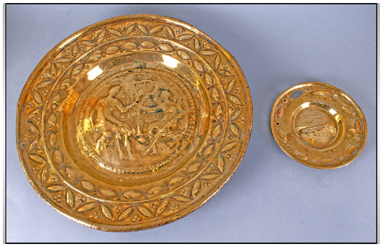 Rare Brass Embossed Alms Dish. Early 17th Century. Dutch or German origins. The centre of the dish