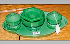 Art Deco Pressed Glass Dressing Table Set, Green Jade Coloured Pressed Glass Set Comprising