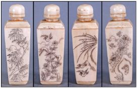 A Chinese Perfume Bottle Made From Bouine Bone with inscribed sides of birds & plants. Approximatley