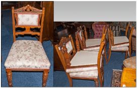 A Set Of Six Late 19th Century Dining Chairs, carved backs, padded seats, turned front legs with