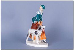 Art Deco Ceramic Figure, Young Woman Leading A Large Dog, Circa 1920/30's. 9" in height.
