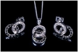 9ct White Gold Pendant And Earring Set, In The Form Of Two Entwined Rings Set With Black & White