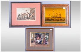 Three Various Prints one depicting 'A Ship at Sea', 'Tavern Scene, entitled 'The Toast' and '