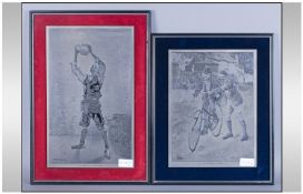 A Pair of framed John Ward etchings An Aragonese Smuggler 
12x18 " and The record breaker 13x16"