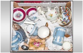 Box of Miscellaneous Pottery items to include, Wedgwood, Cabinet Plates, Royal Winton Trinket Pot,