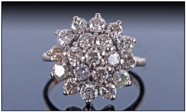 18ct White Gold Diamond Cluster Ring, flowerhead design. Estimated 1.5cts of diamonds. Good