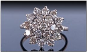 18ct White Gold Diamond Cluster Ring, flowerhead design. Estimated 1.5cts of diamonds. Good