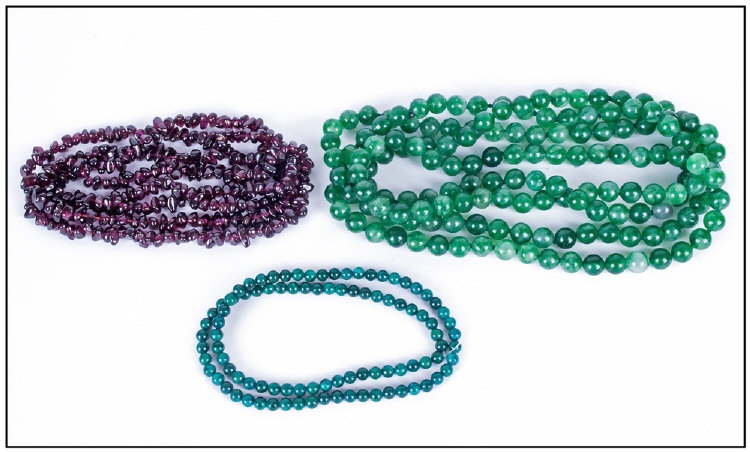 Collection of Three Bead Necklaces look to be Garnet, Jadeite and Malachite