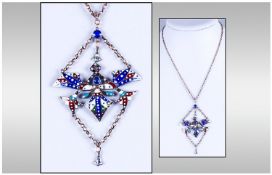 Austrian/German 19th Century Impressive 9ct Gold & Silver Enamel & Stone Set Pendant. Marked 9ct &