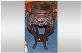 Oriental Hall/Plant Stand, elaborately carved standing on four claw feet. Mid twentieth century.