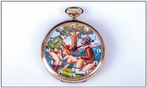 Gents Open Faced Novelty Pocket watch, Painted Front Depicting An Erotic Scene, Indistinctly