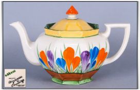 Clarice Cliff Large Handpainted Tea Pot, 'Autumn Crocus' pattern. Circa 1928, Stands 6.25" in