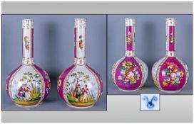 Pair of Dresden Panelled Bottle Vases, Helena Wolfsohn style, hand painted with opposing romantic