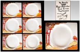 Clarice Cliff Handpainted Set Of Six Biarritz Shape Tea Plates,  'Coral Firs' pattern. Circa 1934.