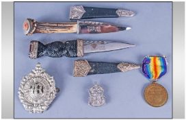 Military Interest Comprising 2 Dirks/Skean Dhu, A.R.P silver badge, Argyll & Sutherland metal badge,