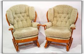 Pair Of Beech Framed Rocking Chairs, green upholstered loose cushions. Button Back.