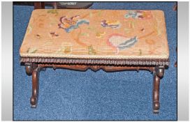 Mahogany Double Footstool, Gold Floral Upholstered Top. 24" Wide and 13" Depth.