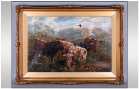 Sylvester Crook Oil On Canvas, Highland Cattle Scene, Gilt Frame. 15.5x23.5" A/F