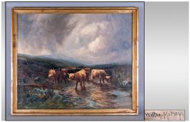 Wilton Morley Oil On Canvas Of Highland Cattle Wading Through A Brook, with a storm in the skys