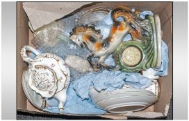 Box Of Assorted Ceramics, including figural mantle clock in the shape of a horse, Cauldon china