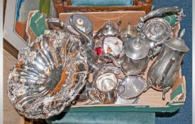 Box Containing A Quantity Of Silver Plated Ware Comprising spirit kettle, gravy boat, bowls, tea