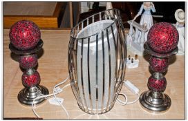 Modern Homeware Items Including table lamp & two glass & chrome candle sticks. As New Condition