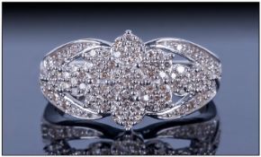 9ct White Gold Diamond Dress Ring Set With A Cluster Of Round Cut Diamonds, Stamped 375, Estimated