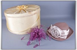 Taupe Wool Ladies Hat with ecru satin band & hand made 'rose' decoration and aubergine feather