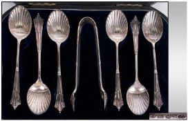 Victorian Fine Set Of Six Silver Shell Patterned Spoons & Matching Sugar Tongs, Hallmark London