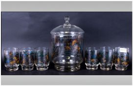 German Hunting Scene Glass Set comprising glass bucket and 6 tumblers.