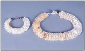 Mother-of-Pearl Collar Style Necklace and Bracelet, discs of white mother-of-pearl in a fish scale