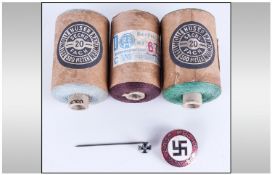 WW2 German MSDAP Sewing Threads, 3 in total. Plus party badge & iron cross stick pin.