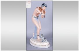Royal Dux Excellent Art Deco Figure Semi-Naked Lady Snake Charmer. Marks to base. Stands 9.25" in