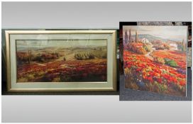 Large Modern Print 'Poppy Panarama' by Lombardi. 34 by 57 inches. Framed and Mounted behind Glass.