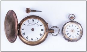 Gents Base Metal Full Hunter Pocket Watch Together With A Ladies Silver Fob Watch, AF