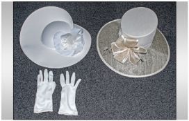 Two White/Cream ladies wedding occasion hats one with matching gloves.