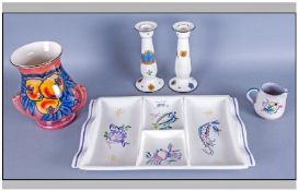 Poole Pottery Hors d'Oeuvres Tray, with hand painted vignettes of seafood, small Poole jug, Art Deco