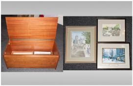 Small Light Wood Bedding Box  36x17x15.5" together with three framed pictures