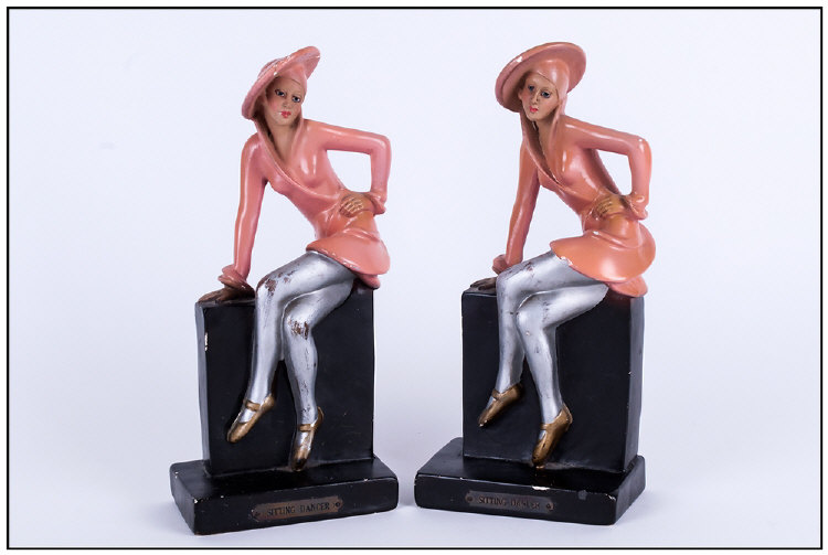 Art Deco Hand Painted Chalk Figures, 2 in total, Titled 'Sitting Dancer' Young woman dressed in