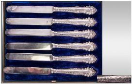 Edwardian Boxed Set Of Six Silver Handle Fruit Knives,  Hallmark Sheffield 1905. Unused condition.