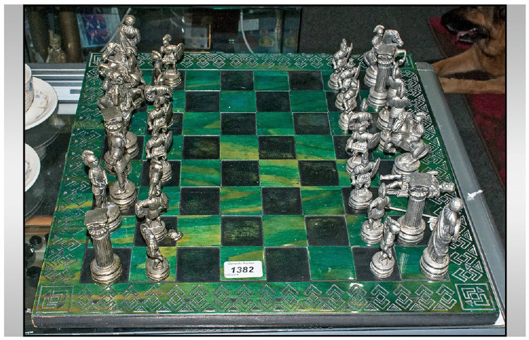 Chess Set, comprising chess board and metal Chess pieces ( 2 figures need attention ).